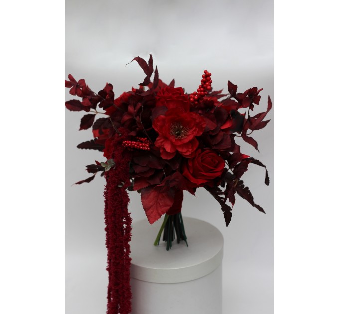 Red & Burgundy Dramatic Bridal Bouquet – Moody Faux Wedding Flowers