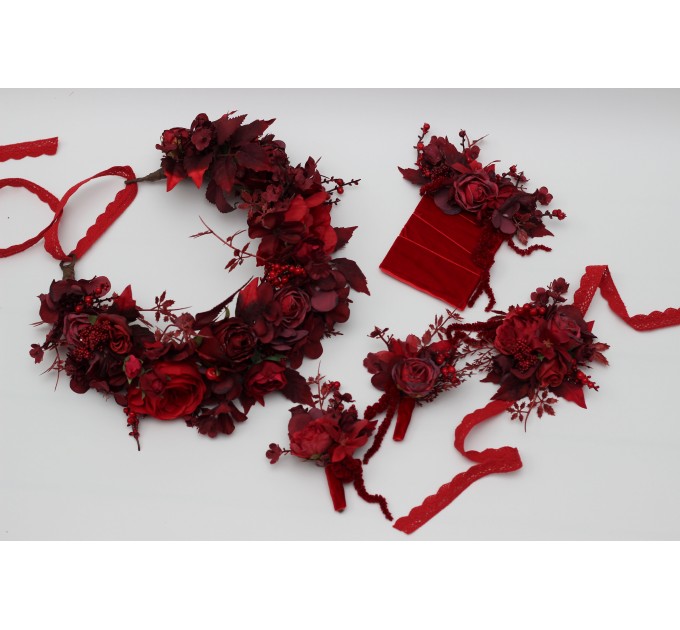 Red & Burgundy Flower Crown – Dramatic Faux Floral Wedding Hair Wreath