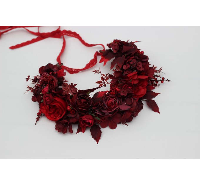 Red & Burgundy Flower Crown – Dramatic Faux Floral Wedding Hair Wreath