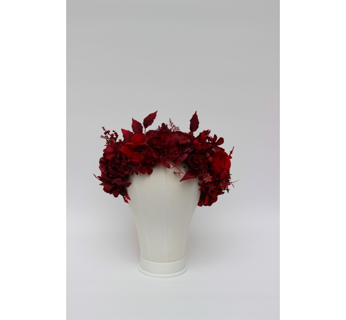 Red & Burgundy Flower Crown – Dramatic Faux Floral Wedding Hair Wreath