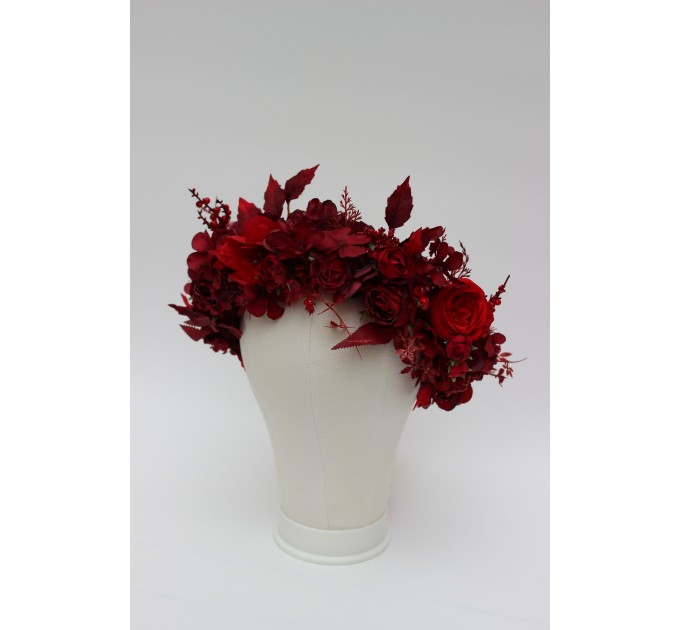 Red & Burgundy Flower Crown – Dramatic Faux Floral Wedding Hair Wreath