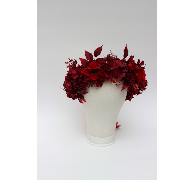Red & Burgundy Flower Crown – Dramatic Faux Floral Wedding Hair Wreath