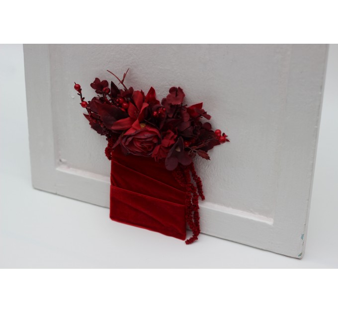 Red & Burgundy Pocket Boutonniere – Dramatic Faux Floral Square Accessory