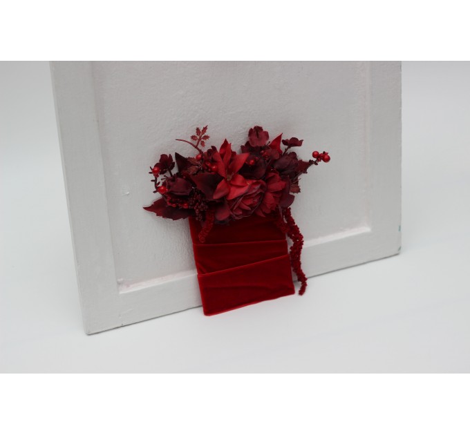 Red & Burgundy Pocket Boutonniere – Dramatic Faux Floral Square Accessory