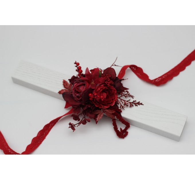 Red & Burgundy Wrist Corsage – Dramatic Faux Floral Wedding Bracelet
