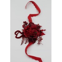 Wrist corsage in red and burgundy color scheme. 5442