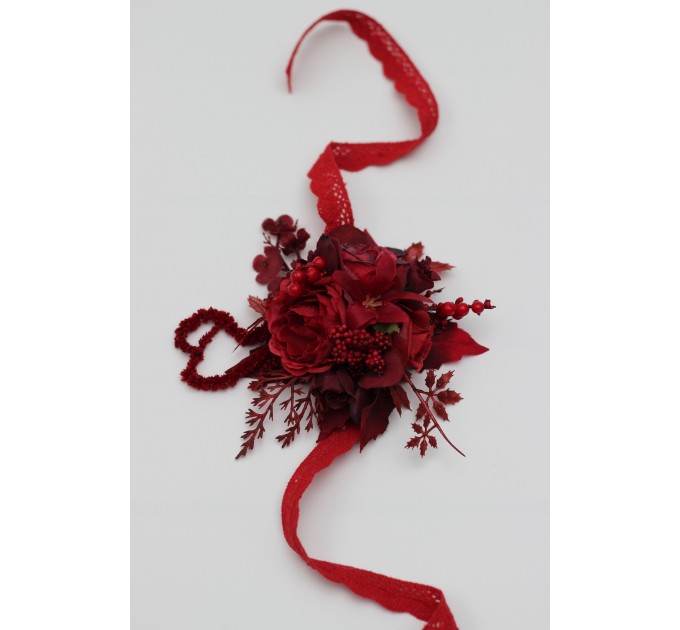 Red & Burgundy Wrist Corsage – Dramatic Faux Floral Wedding Bracelet