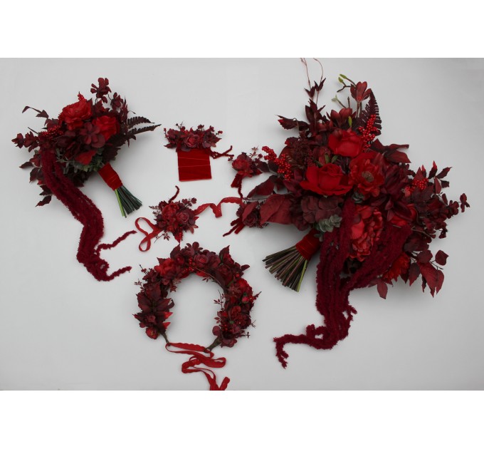 Red & Burgundy Wrist Corsage – Dramatic Faux Floral Wedding Bracelet
