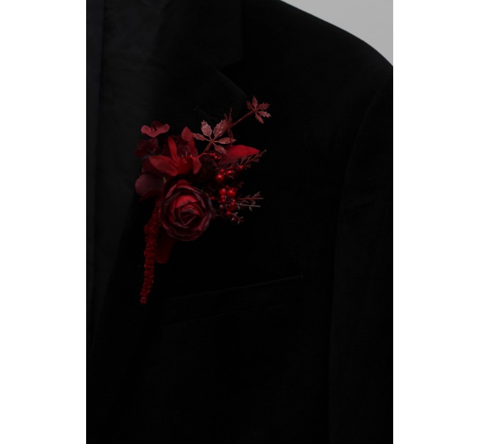 Red & Burgundy Wedding Boutonnieres – Dramatic Faux Floral Accessories