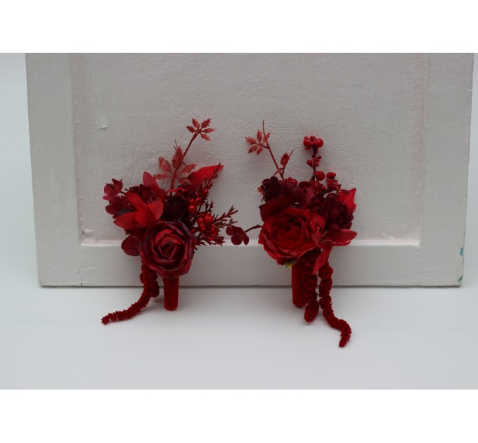 Red & Burgundy Wedding Boutonnieres – Dramatic Faux Floral Accessories