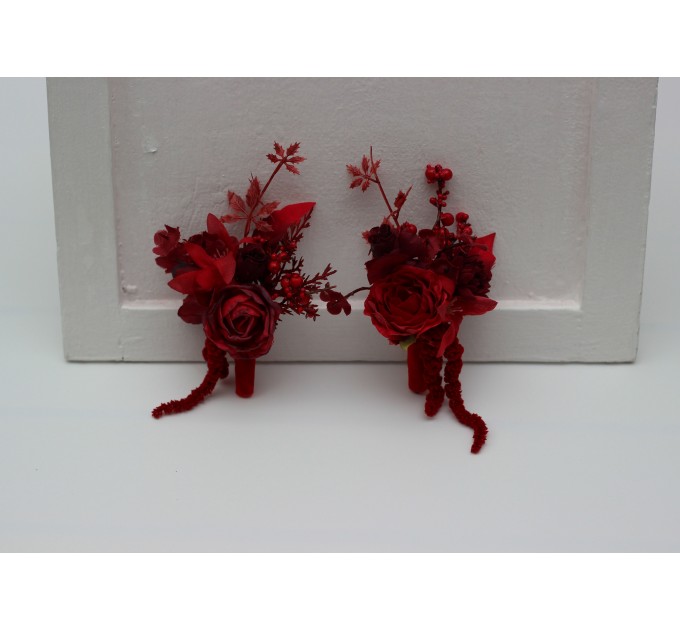 Red & Burgundy Wedding Boutonnieres – Dramatic Faux Floral Accessories