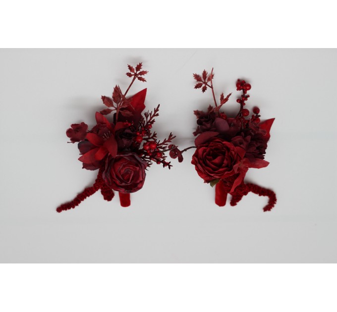 Red & Burgundy Wedding Boutonnieres – Dramatic Faux Floral Accessories