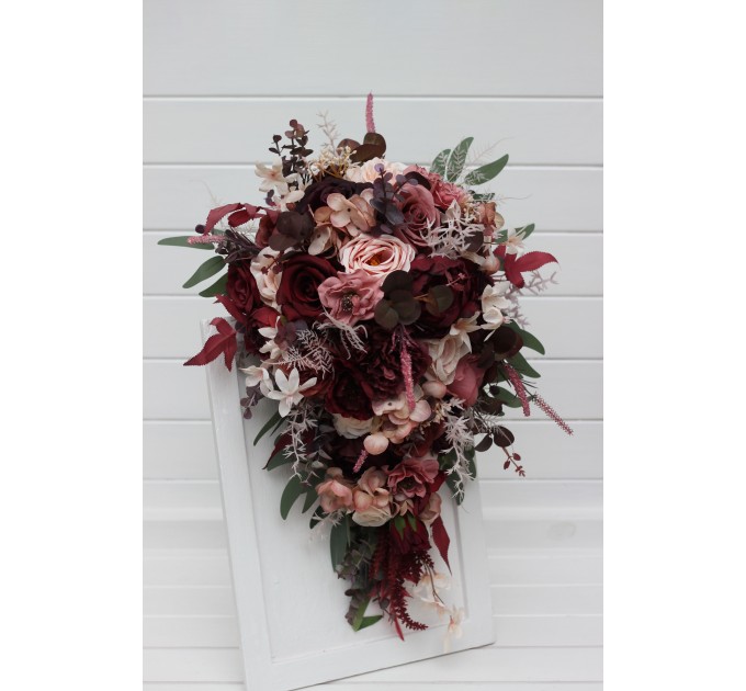 Wedding Bouquets in Burgundy, Dusty Rose & Blush Pink | Faux Bridal & Bridesmaid Cascading Bouquets
