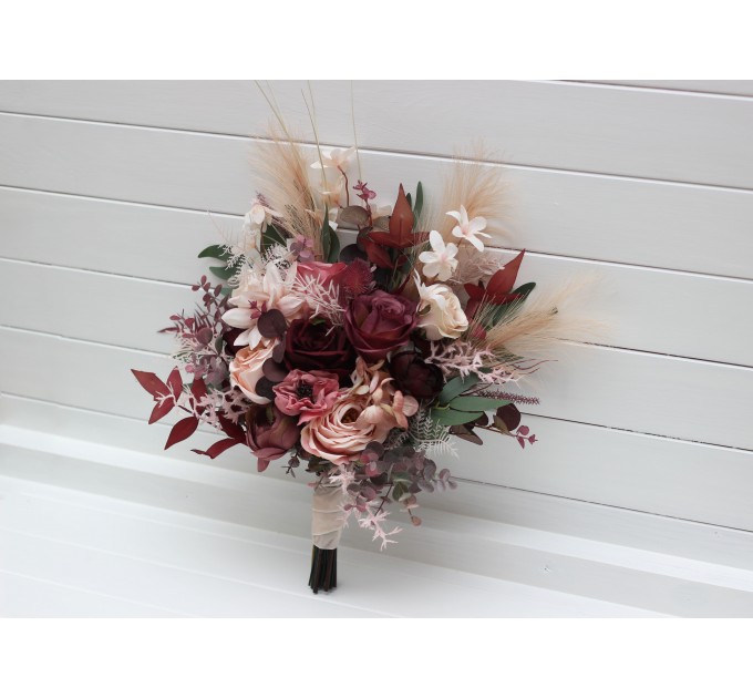 Cascading Wedding Bouquet – Faux Bridal Flowers in Burgundy, Dusty Rose & Blush Pink