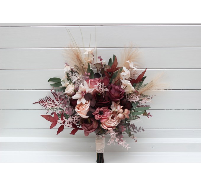 Cascading Wedding Bouquet – Faux Bridal Flowers in Burgundy, Dusty Rose & Blush Pink