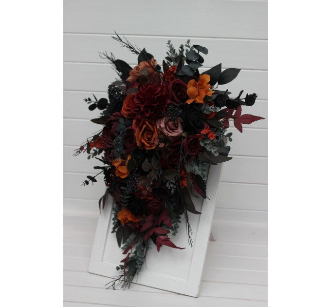 Burgundy, Black, Rust & Dusty Rose Cascading Bouquet – Moody Faux Wedding Flowers