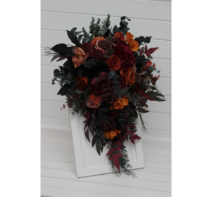 Burgundy, Black, Rust & Dusty Rose Cascading Bouquet – Moody Faux Wedding Flowers