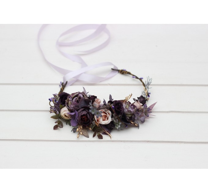 Purple, Lilac, Gold & Beige Flower Crown – Elegant Faux Wedding Hair Wreath