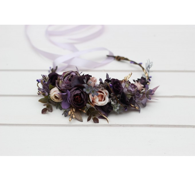 Purple, Lilac, Gold & Beige Flower Crown – Elegant Faux Wedding Hair Wreath