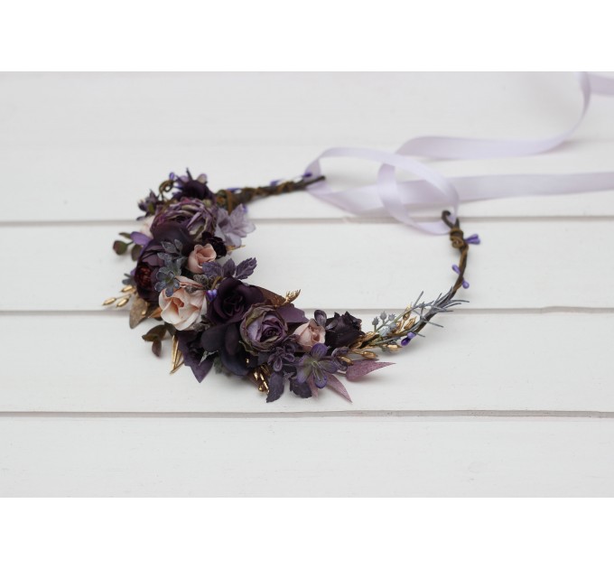 Purple, Lilac, Gold & Beige Flower Crown – Elegant Faux Wedding Hair Wreath