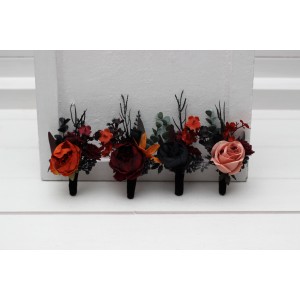 Moody wedding boutonnieres. Burgundy, black, rust and dusty rose floral accessories. 5441