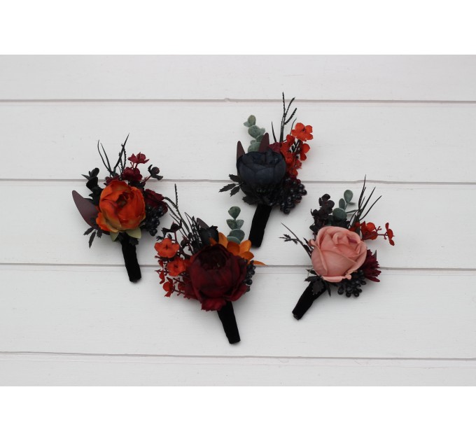 Burgundy, Black, Rust & Dusty Rose Boutonnieres – Moody Wedding Floral Accessories