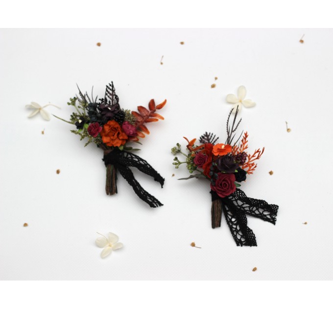 Burgundy, Rust, Purple & Black Wedding Boutonnieres – Moody Faux Floral Accessories