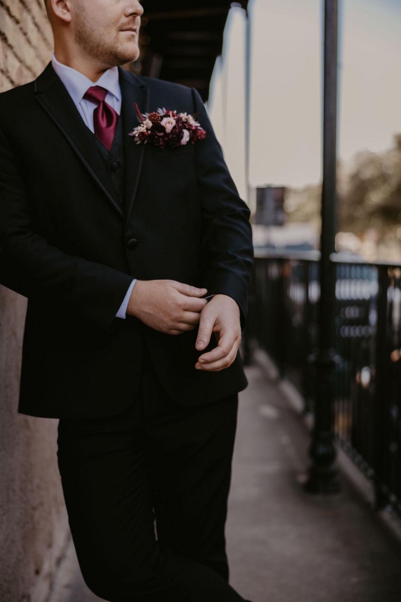 Pocket boutonniere in burgundy, beige, purple, and black with modern floral design1024-1200