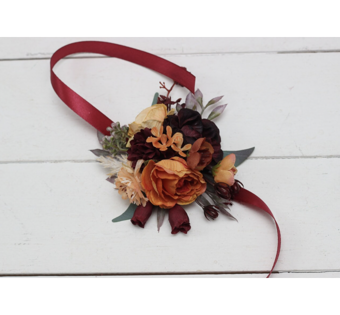 Wedding Boutonnieres & Wrist Corsage in Rust, Burgundy & Cinnamon | Faux Flower Accessories