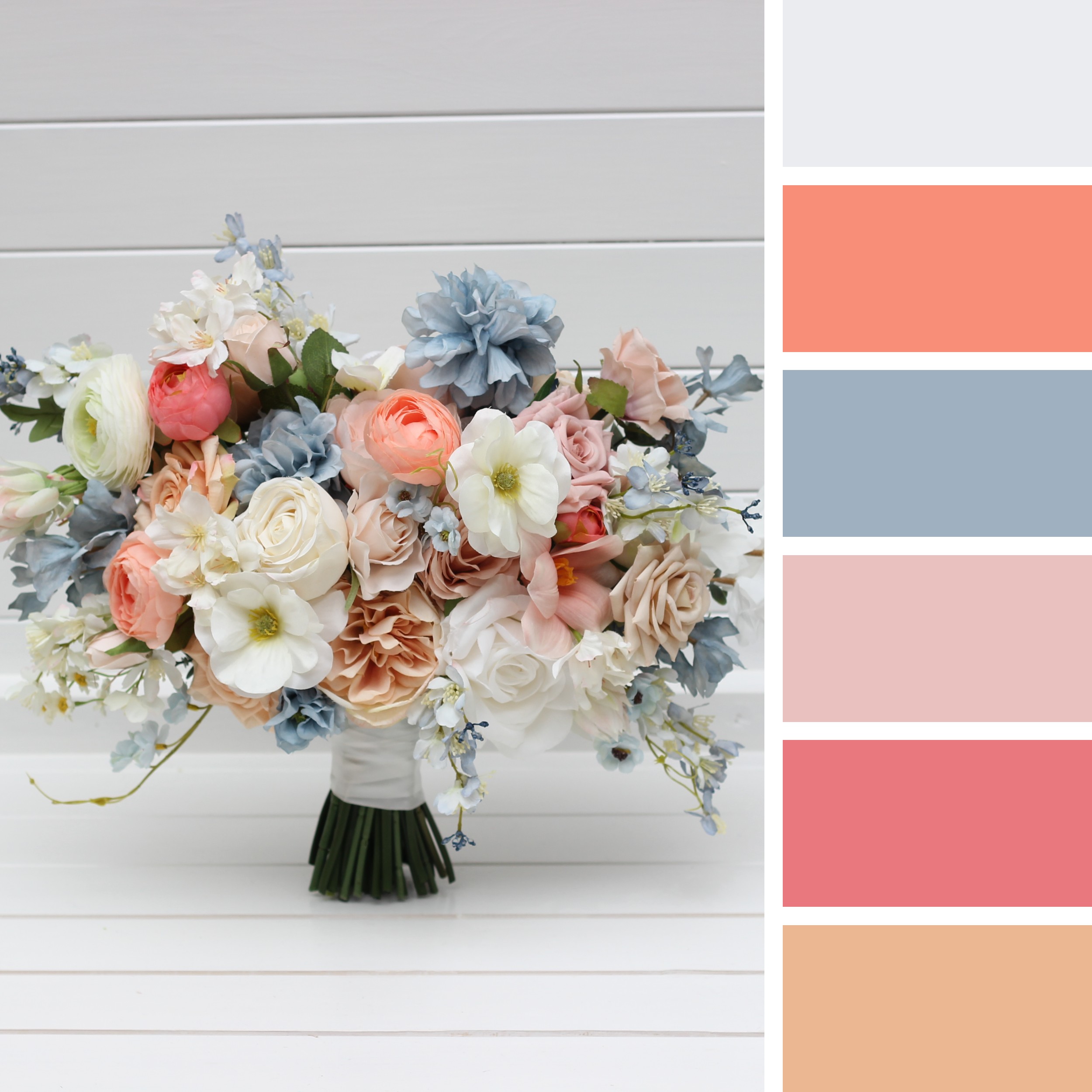 Peach bridal bouquet with soft pastel flowers and greenery