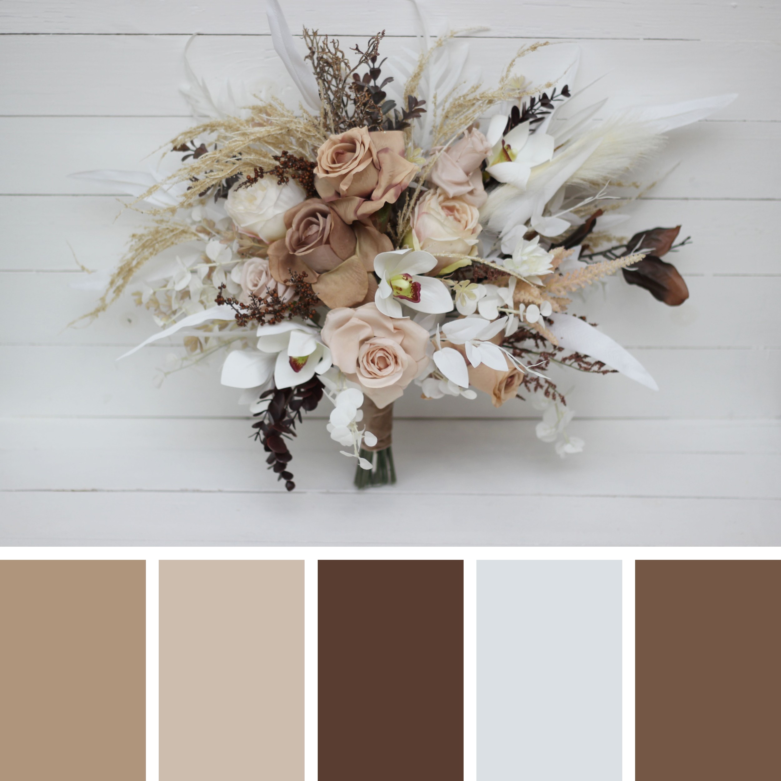 Beige faux flower bridal bouquet in warm neutral tones