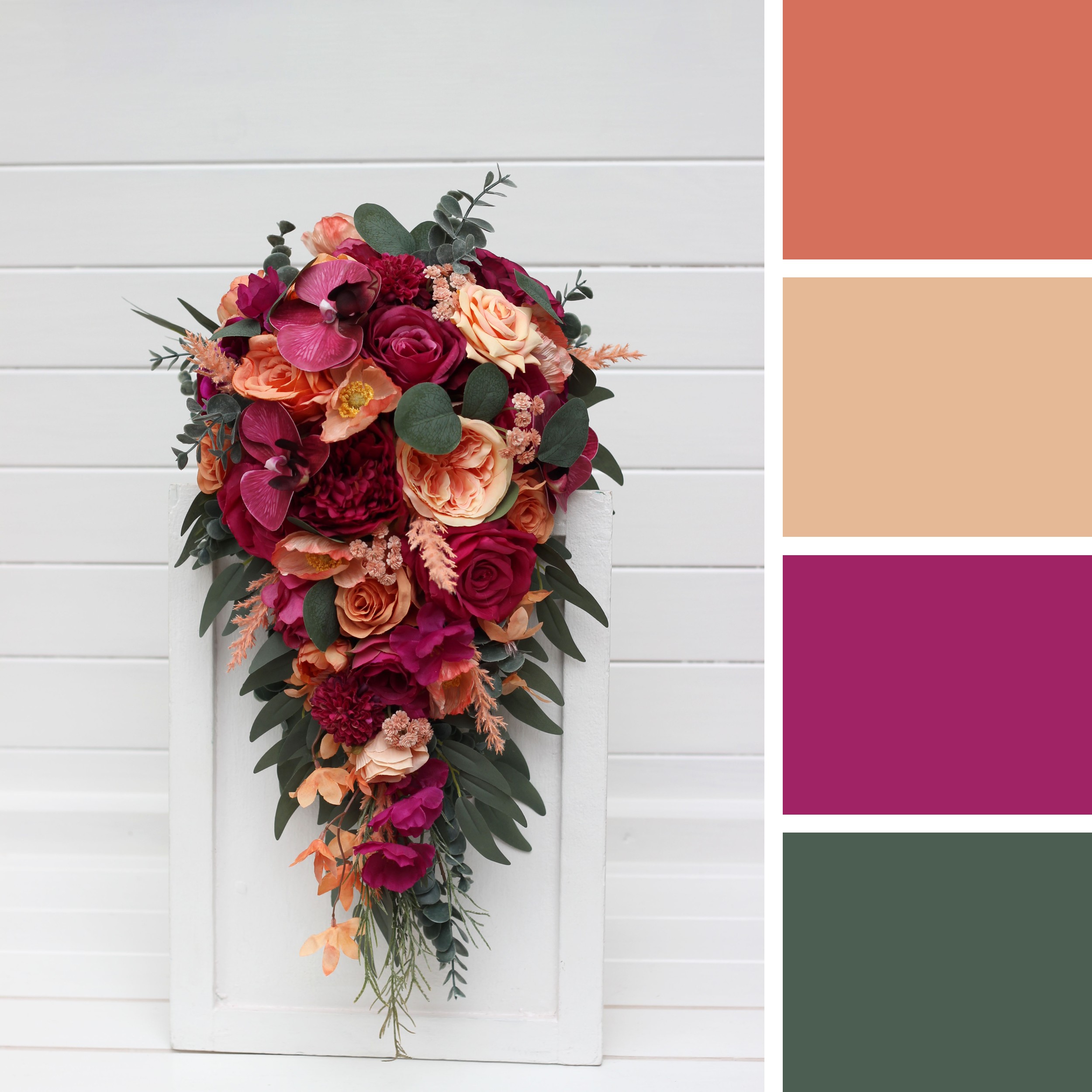 Peach wedding bouquet with magenta florals and eucalyptus