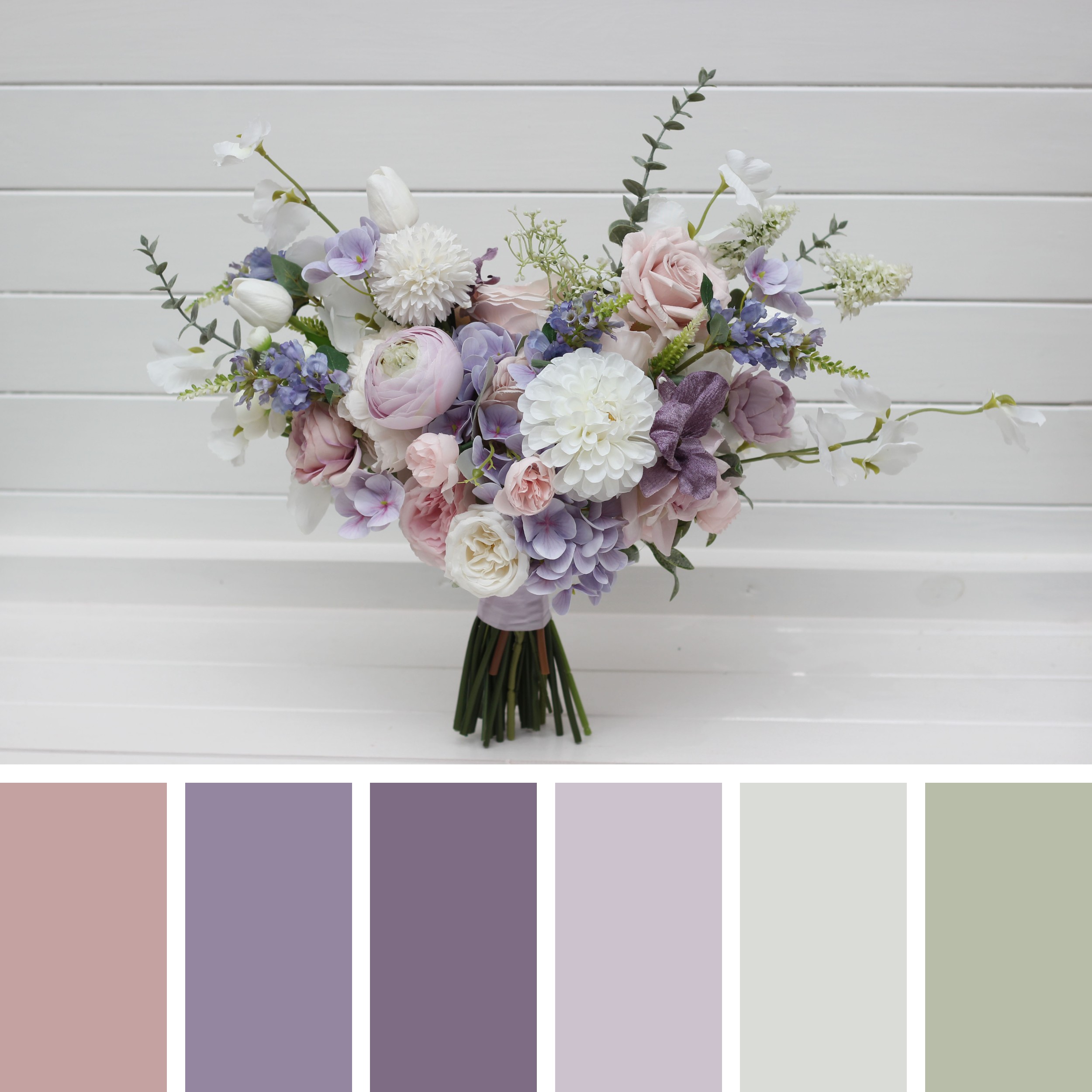 Lilac faux flower bridal bouquet in soft lilac tones