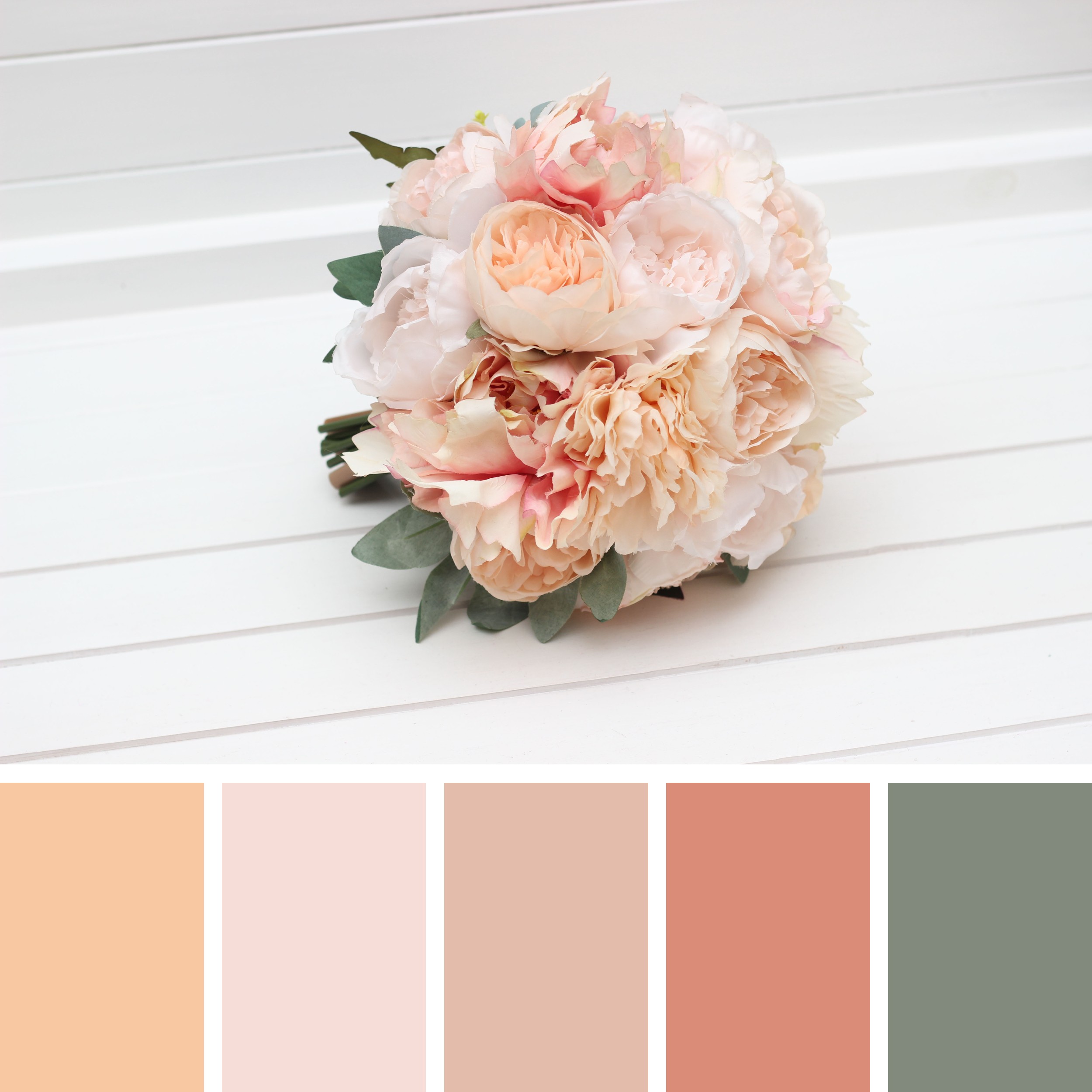 Peach faux flower bridal bouquet with warm tones and textured greenery