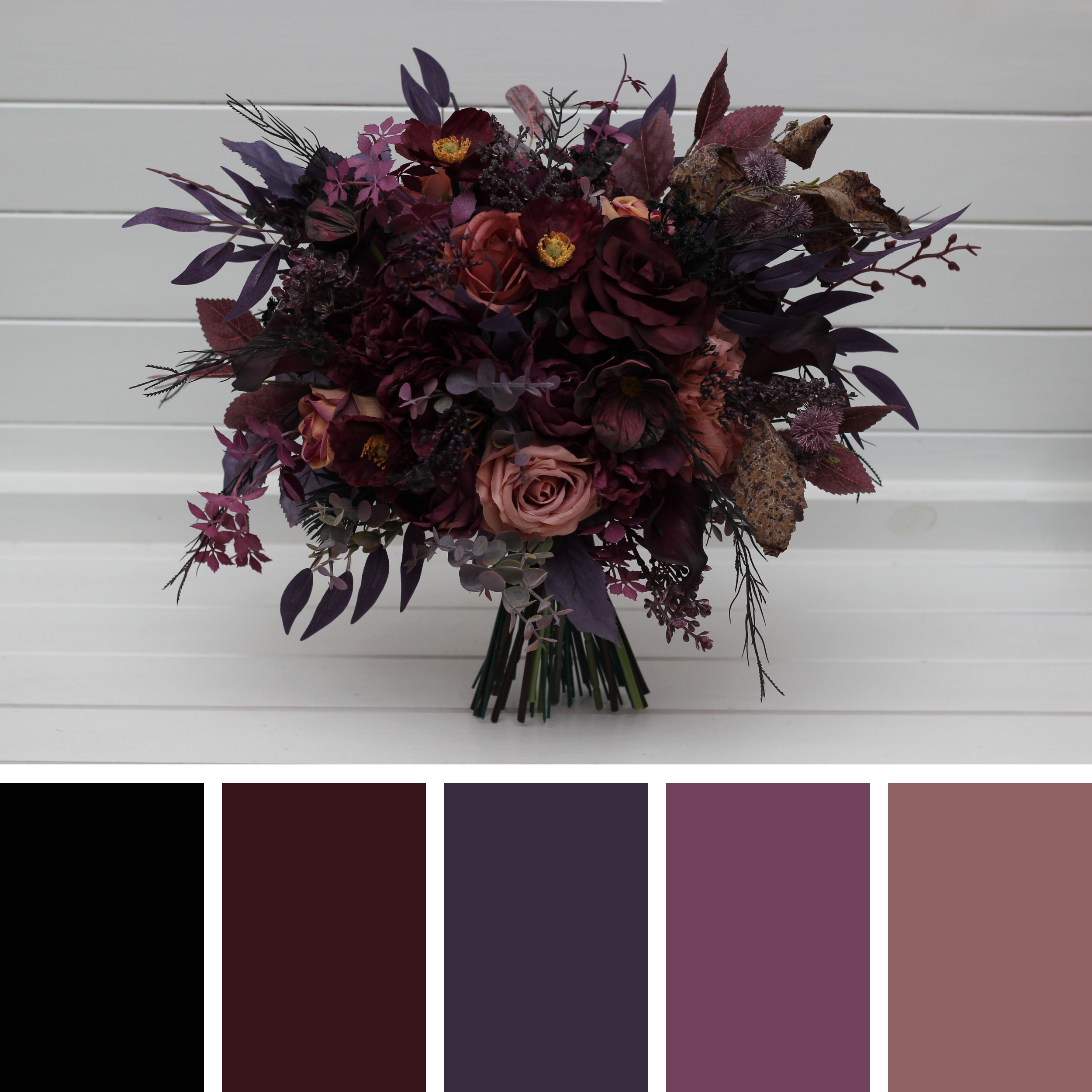 Purple faux flower bridal bouquet in rich purple tones
