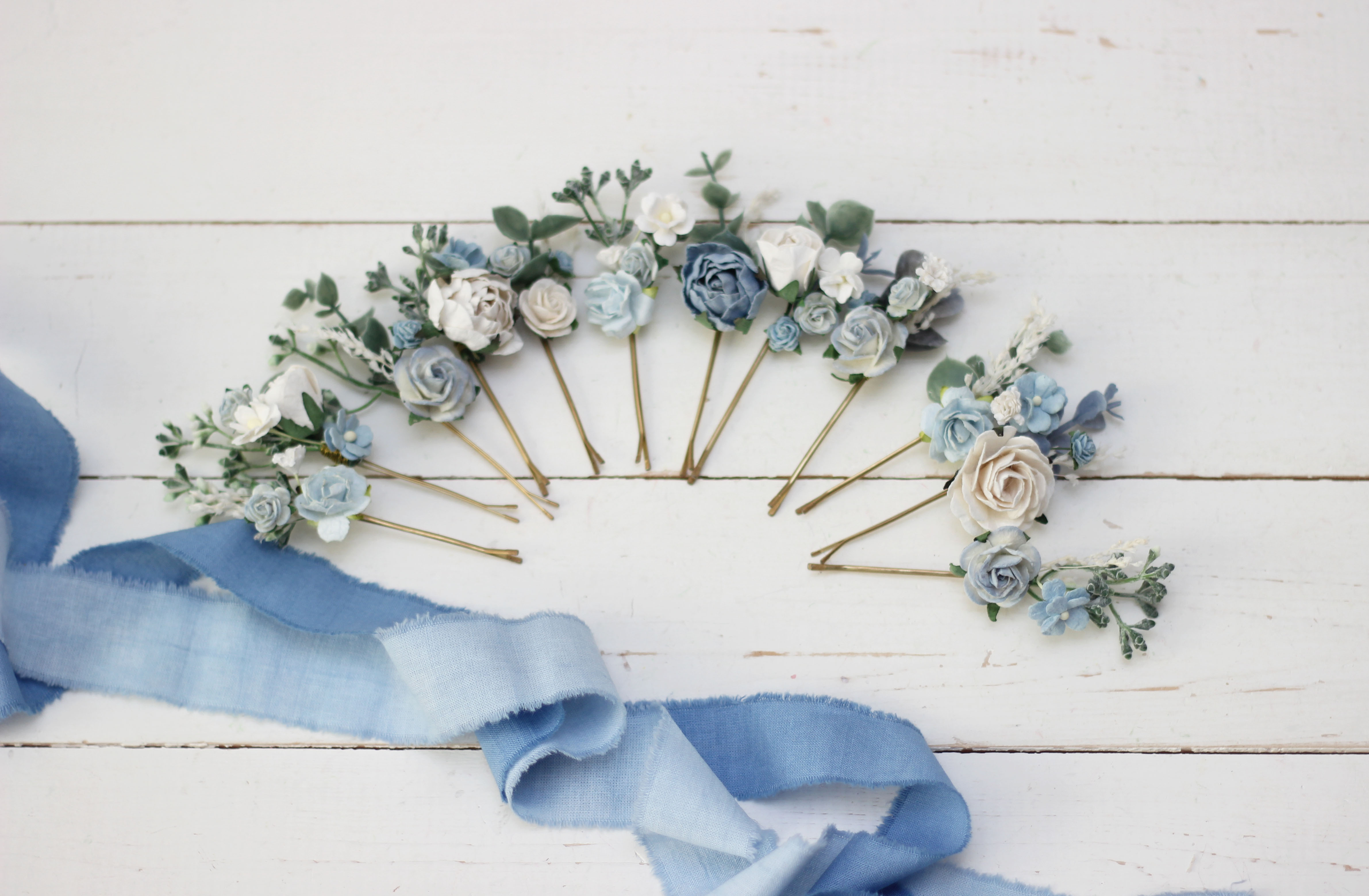 Dusty blue and white wedding hair pins