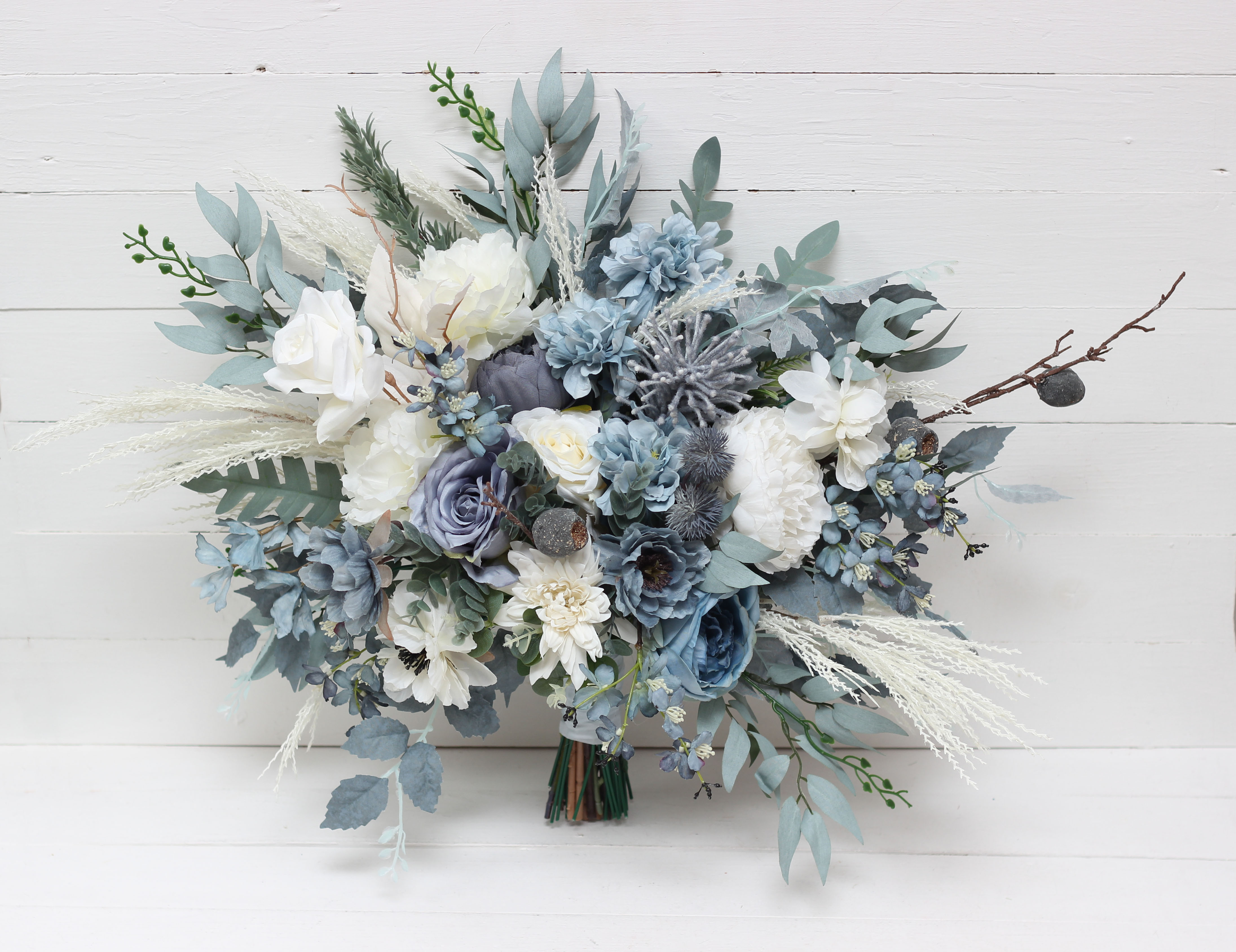 Dusty blue and white bridal bouquet