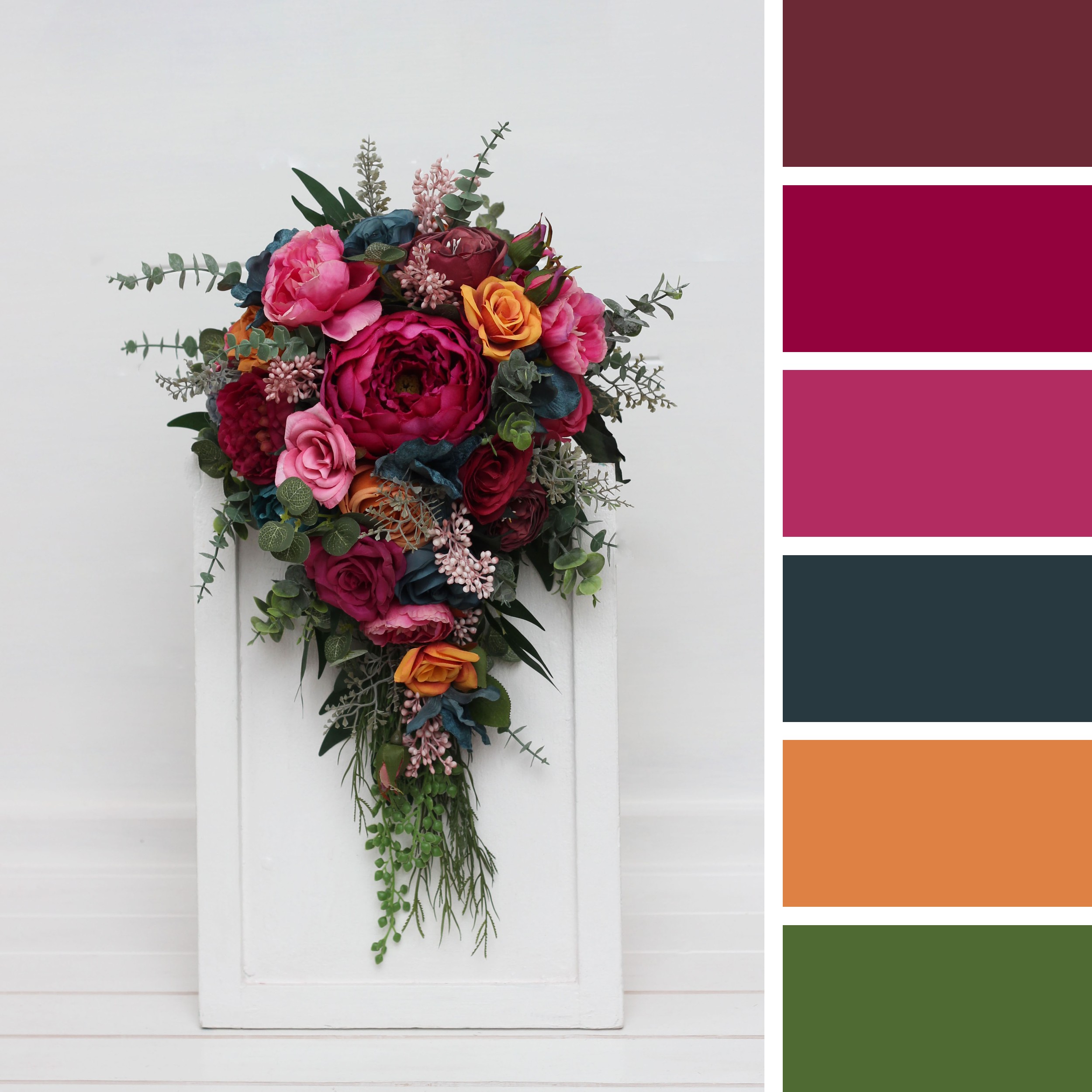 Teal bridal bouquet with jewel-tone accents and natural greenery