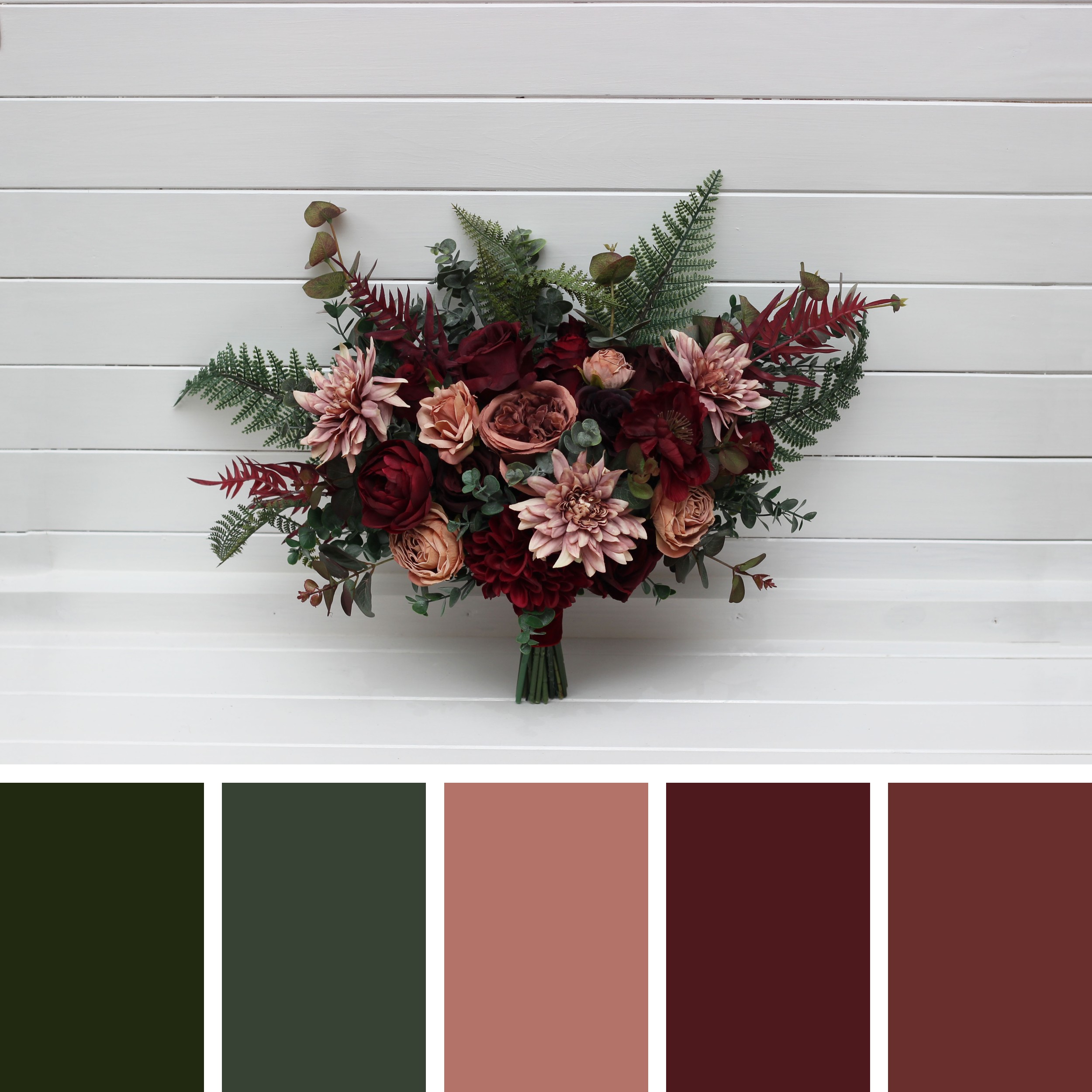 Dusty rose bridal bouquet with ivory flowers and greenery