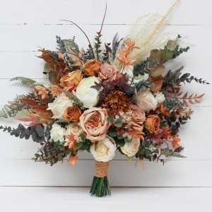 Boho bouquet with pampas grass in orange ivory rust terracotta wedding color scheme. Cascading  bridal bouquet. Bridesmaid bouquet. 0029