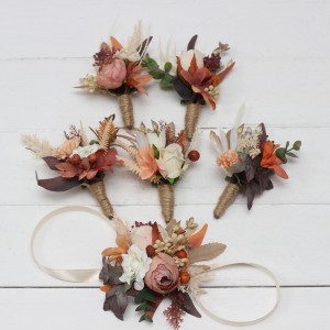 Wedding boutonnieres and wrist corsage  in terracotta ivory rust orange color theme. Flower accessories. 0029