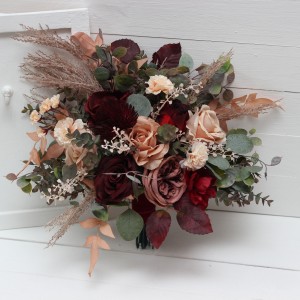 Bouquets in burgundy red dusty rose peach color theme. Bridal bouquet. Faux bouquet. Bridesmaid bouquet. 0501