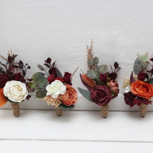 Wedding boutonnieres and wrist corsage  in  burgundy rust ivory cinnamon color theme. Flower accessories. 0039