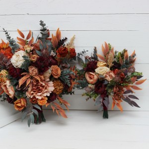Wedding bouquets in burgundy burnt orange rust peach color theme. Bridal bouquet. Faux bouquet. Bridesmaid bouquet. 0502