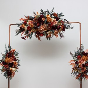 Flower arch arrangement in burgundy burnt orange rust peach colors. Arbor flowers. Floral archway. Faux flowers for wedding. 0502