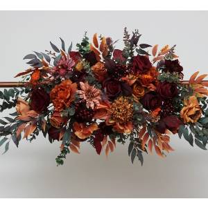 Flower arch arrangement in rust burgundy cinnamon orange colors. Arbor flowers. Floral archway. Faux flowers for wedding. 0033