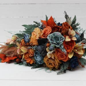 Wedding bouquets in dark teal rust ivory colors. Navy blue orange flowers.Bridal bouquet.Cascading bouquet. Faux bouquet. Bridesmaid bouquet. 0034