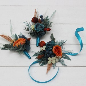Wedding boutonnieres and wrist corsage  in teal rust ivory color theme. Flower accessories. 0034
