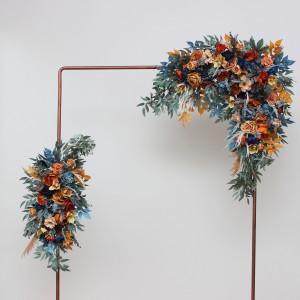 Flower arch arrangement in dark teal rust ivory colors. Navy blue orange arch flowers. Arbor flowers. Floral archway. Faux flowers for wedding. 0034