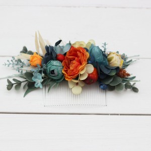 Flower comb in teal rust ivory color scheme. Wedding accessories for hair. Bridal flower comb. Bridesmaid floral comb. 0034